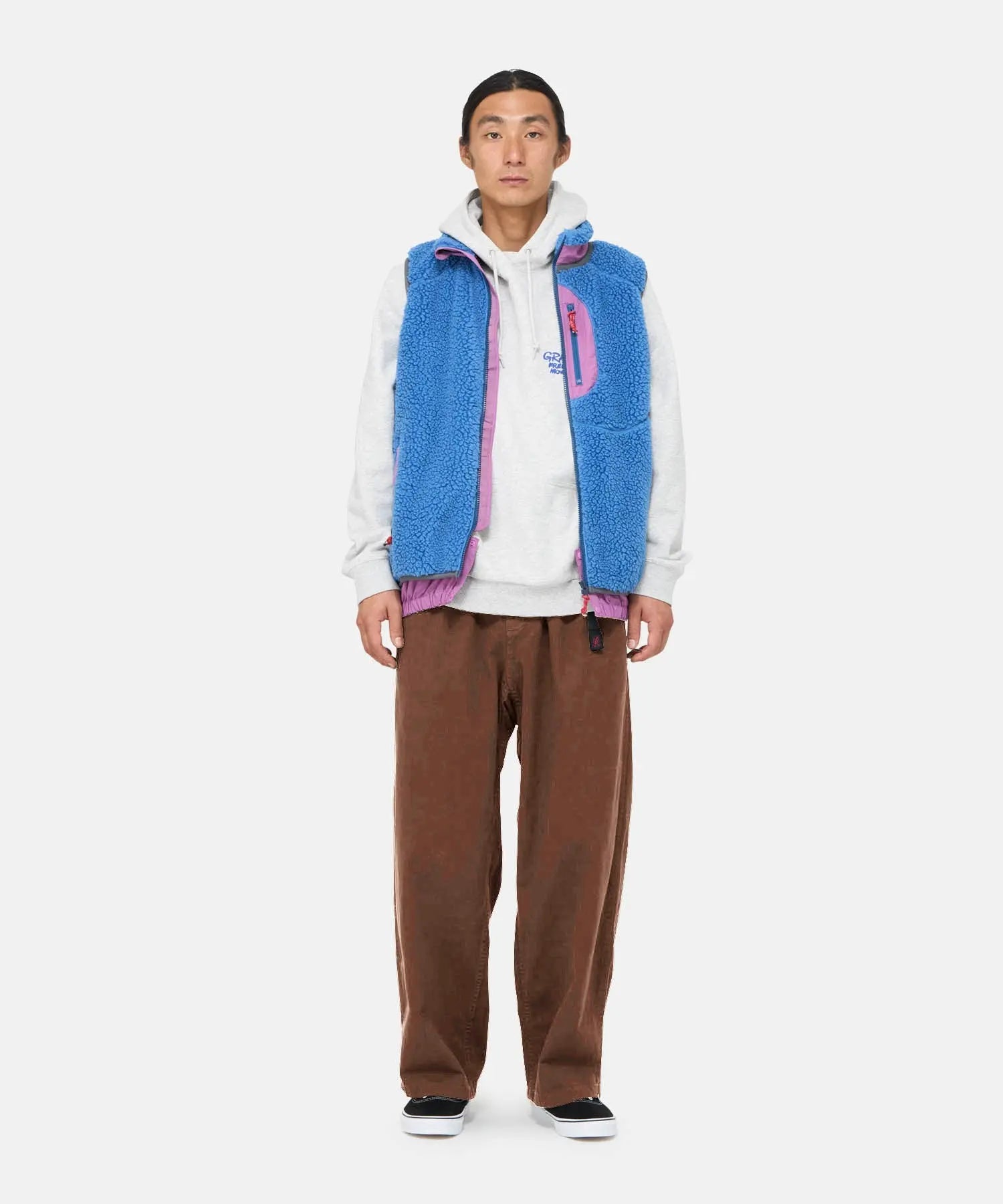 Model wearing Gramicci Wide Pant Tobacco relaxed fit cotton pants with integrated belt