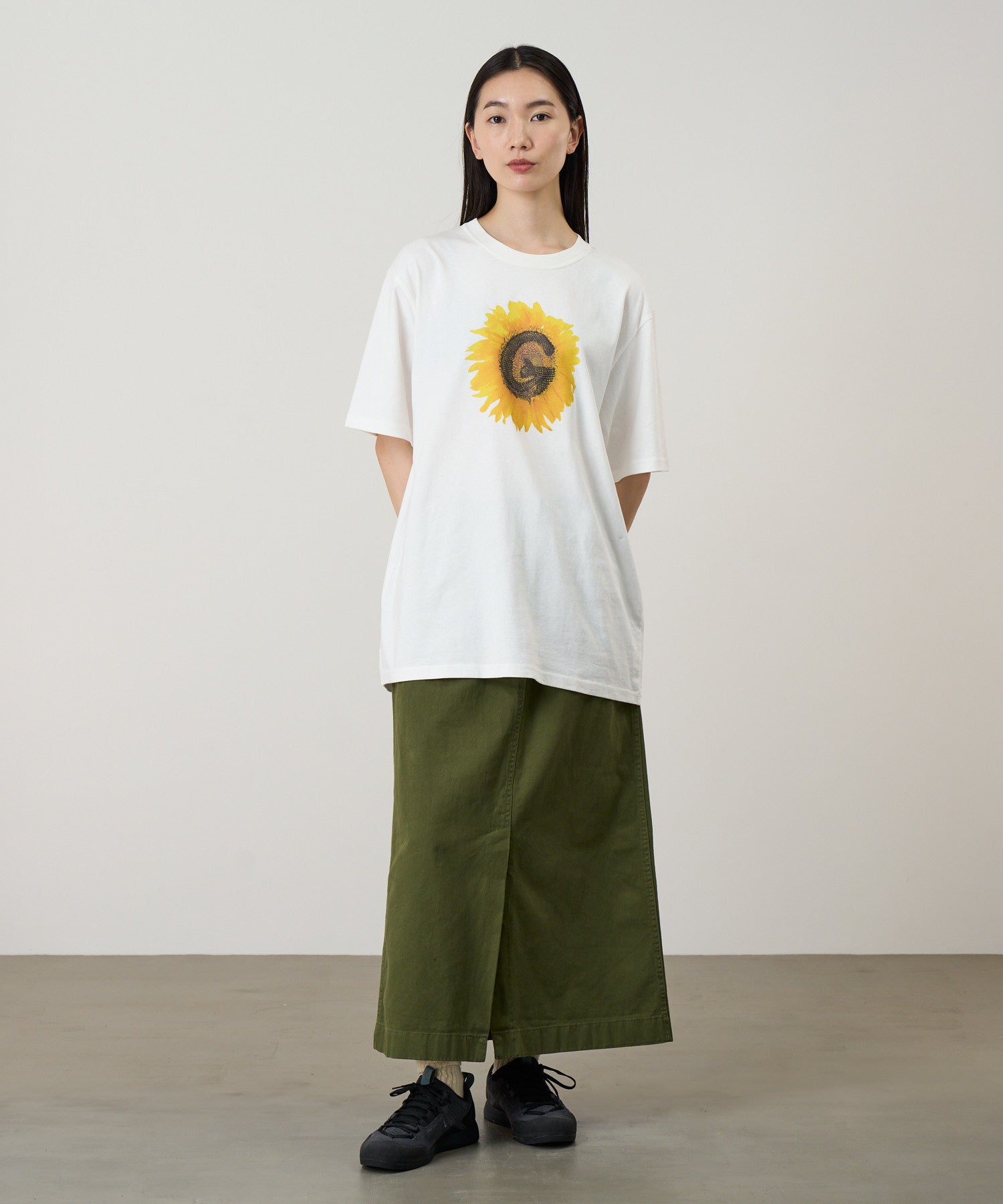 Lifestyle fit of Gramicci G-Flower Tee White eco cotton graphic T-shirt