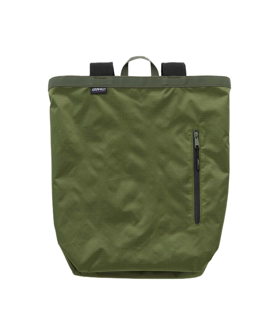 Gramicci convertible tote backpack olive 210D nylon outdoor bag front view zip pocket