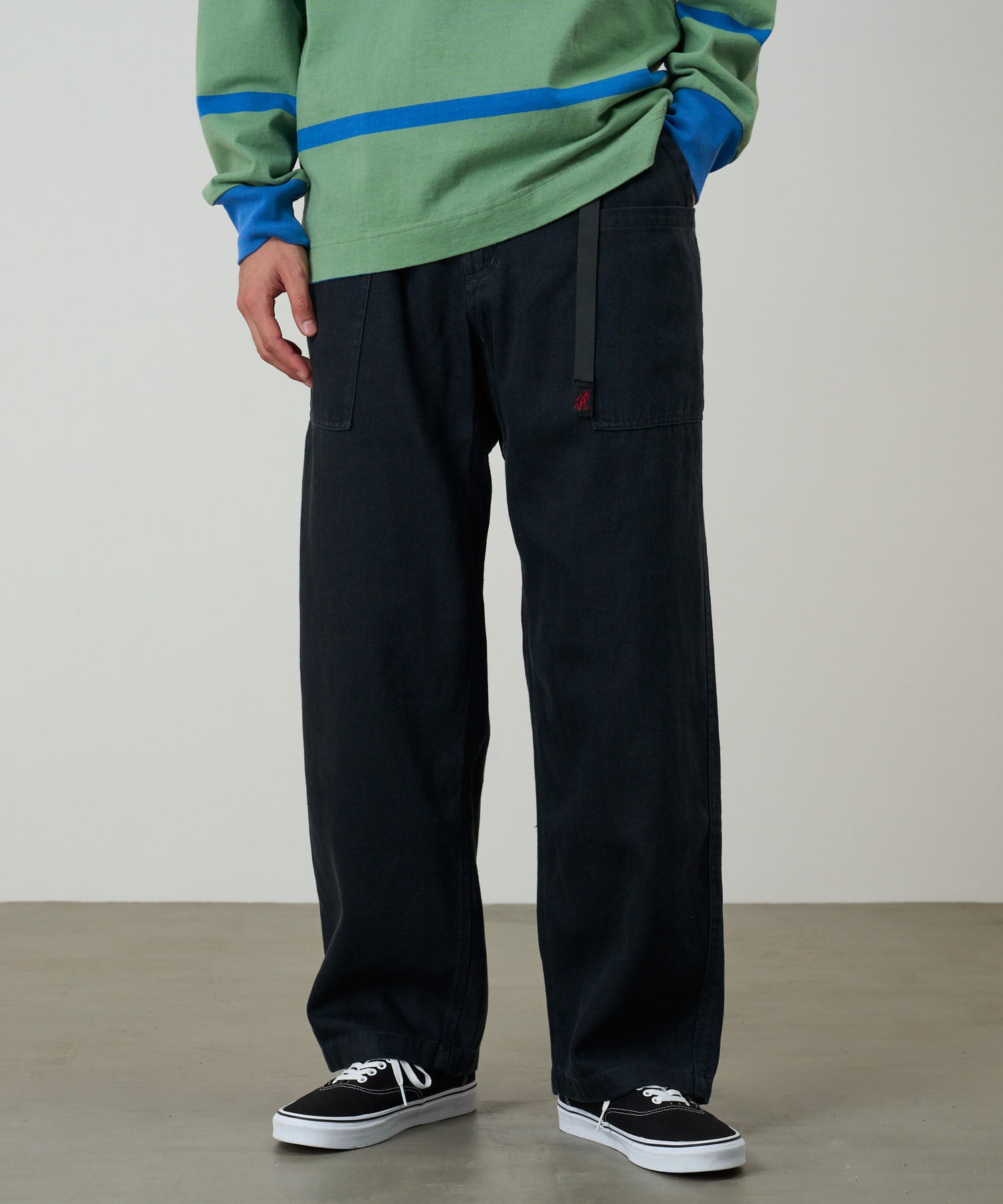 Gramicci Hemp Relaxed Pant Carbon on model – durable hemp cotton relaxed fit pants with integrated belt for outdoor and everyday wear