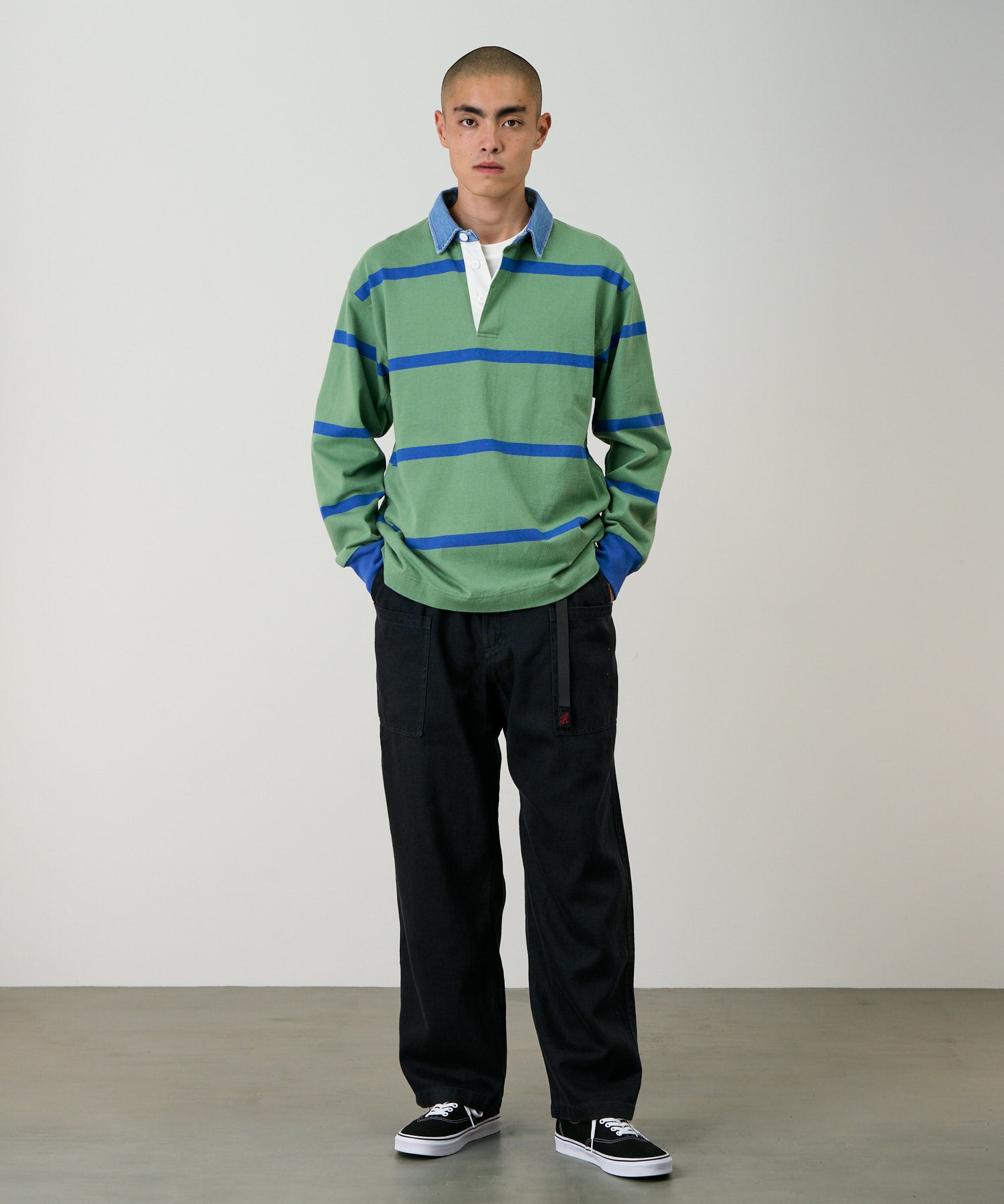 Hemp Relaxed Pant Carbon by Gramicci front view – relaxed fit hemp cotton outdoor pants with belt