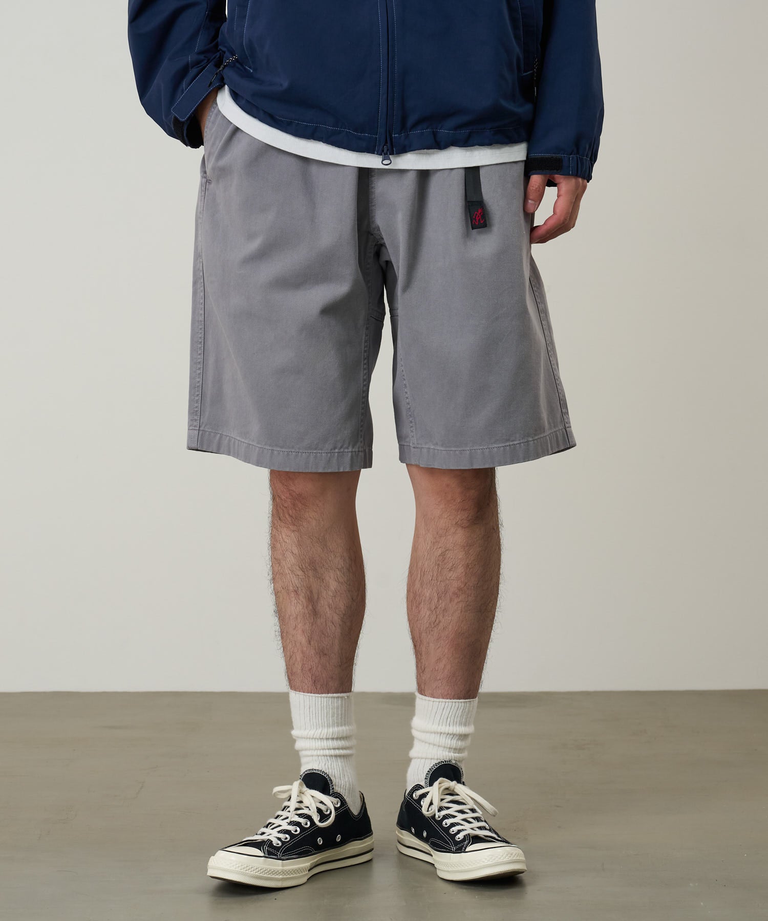 Gramicci Natural Dyed Jam Short Grey side view men wearing relaxed fit corduroy shorts casual summer outfit