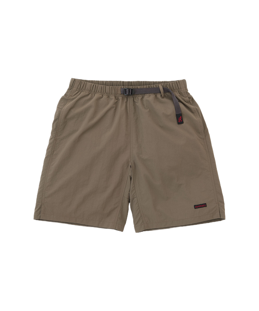 Gramicci Nylon Packable G-Short Granite crafted from lightweight recycled nylon with an adjustable belt and packable design for everyday wear.