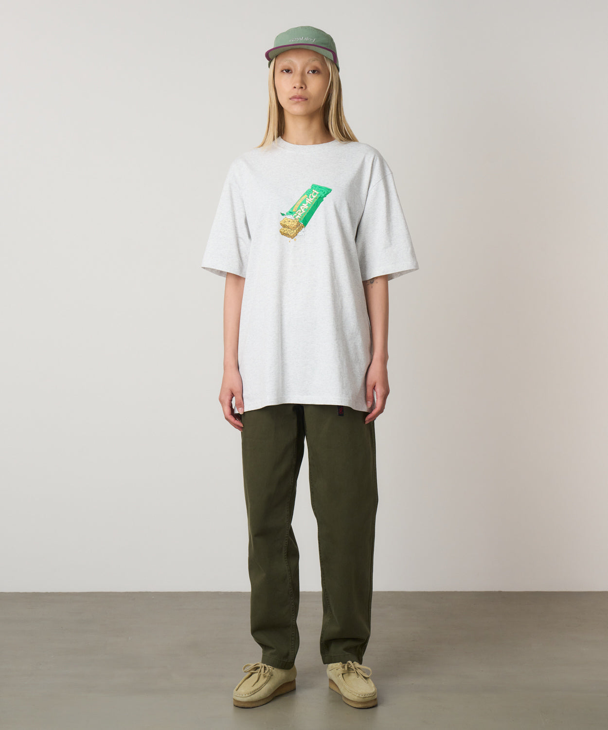 Granola Tee Heather Ash eco cotton graphic t-shirt on model relaxed fit everyday wear