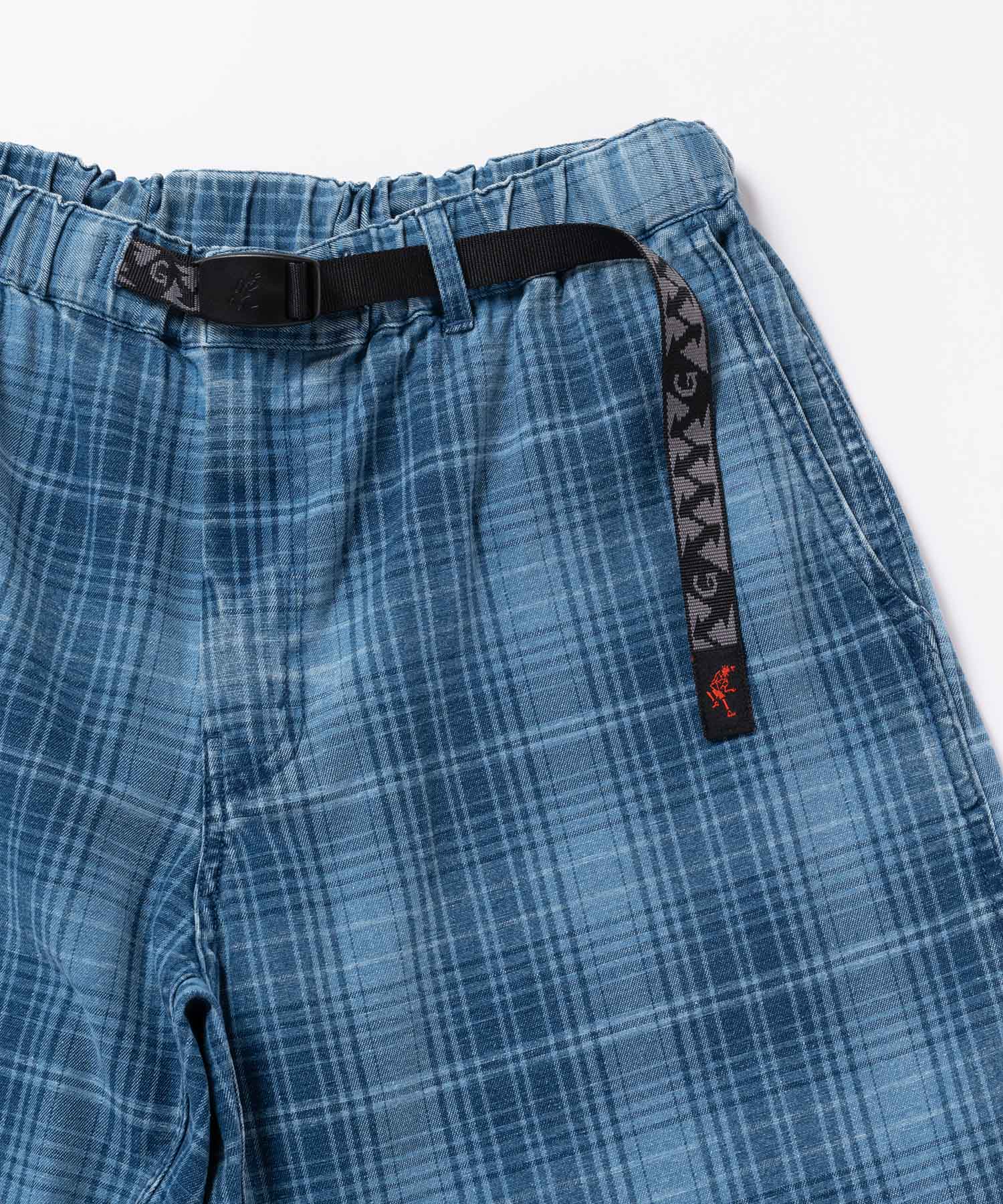 Lagoon Indigo plaid shorts fabric detail close-up cotton texture