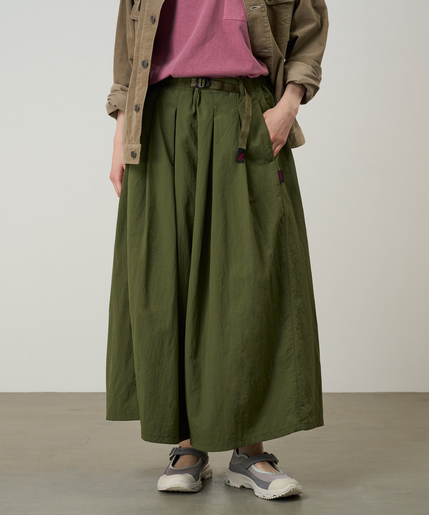 Nylon Flare Pant Olive model side view flared nylon pants