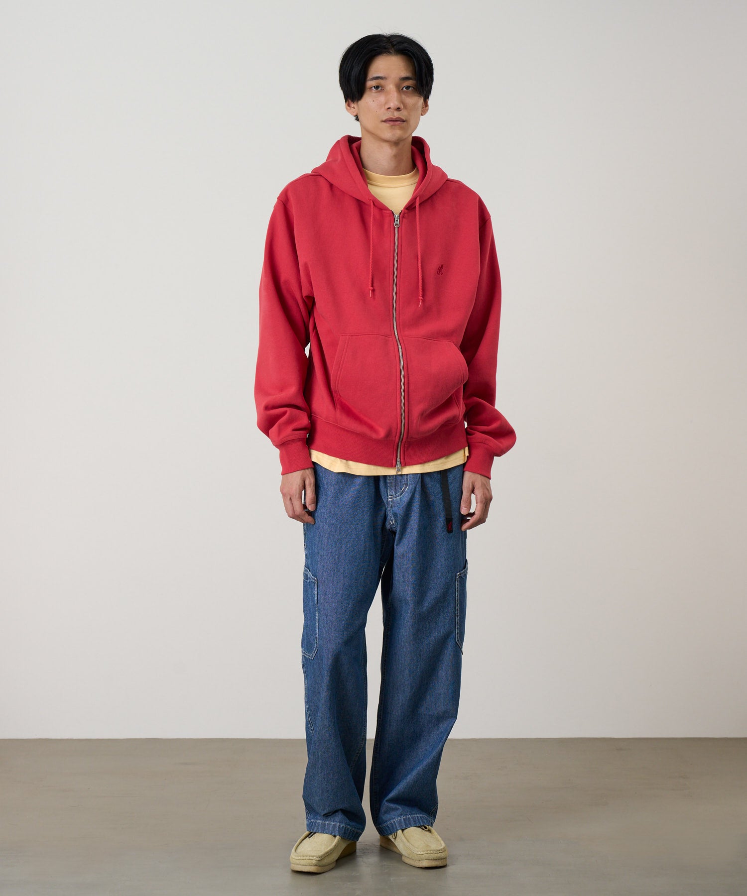 One Point Zip Hoodie Crimson Red model front view fleece zip hoodie