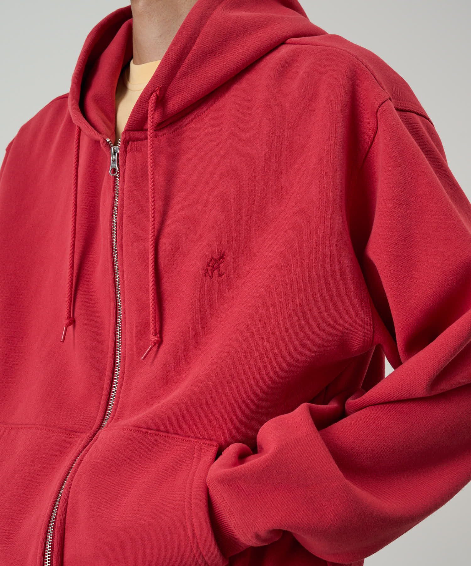 One Point Zip Hoodie Crimson Red hood up front view fleece zip hoodie