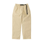 Beige tapered utility pants with black adjustable belt, front view