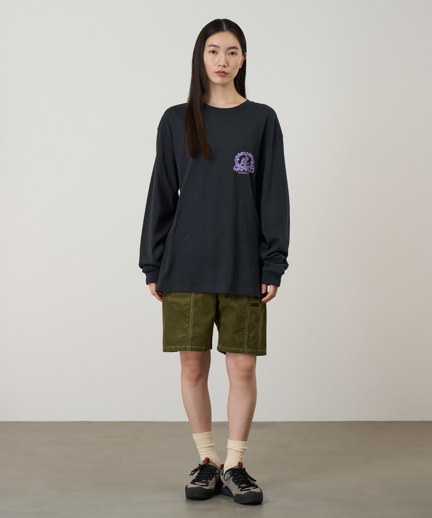 Equipped For Dirt L/S Tee Black on model front view – eco cotton long sleeve t-shirt with relaxed fit and bold streetwear graphic print