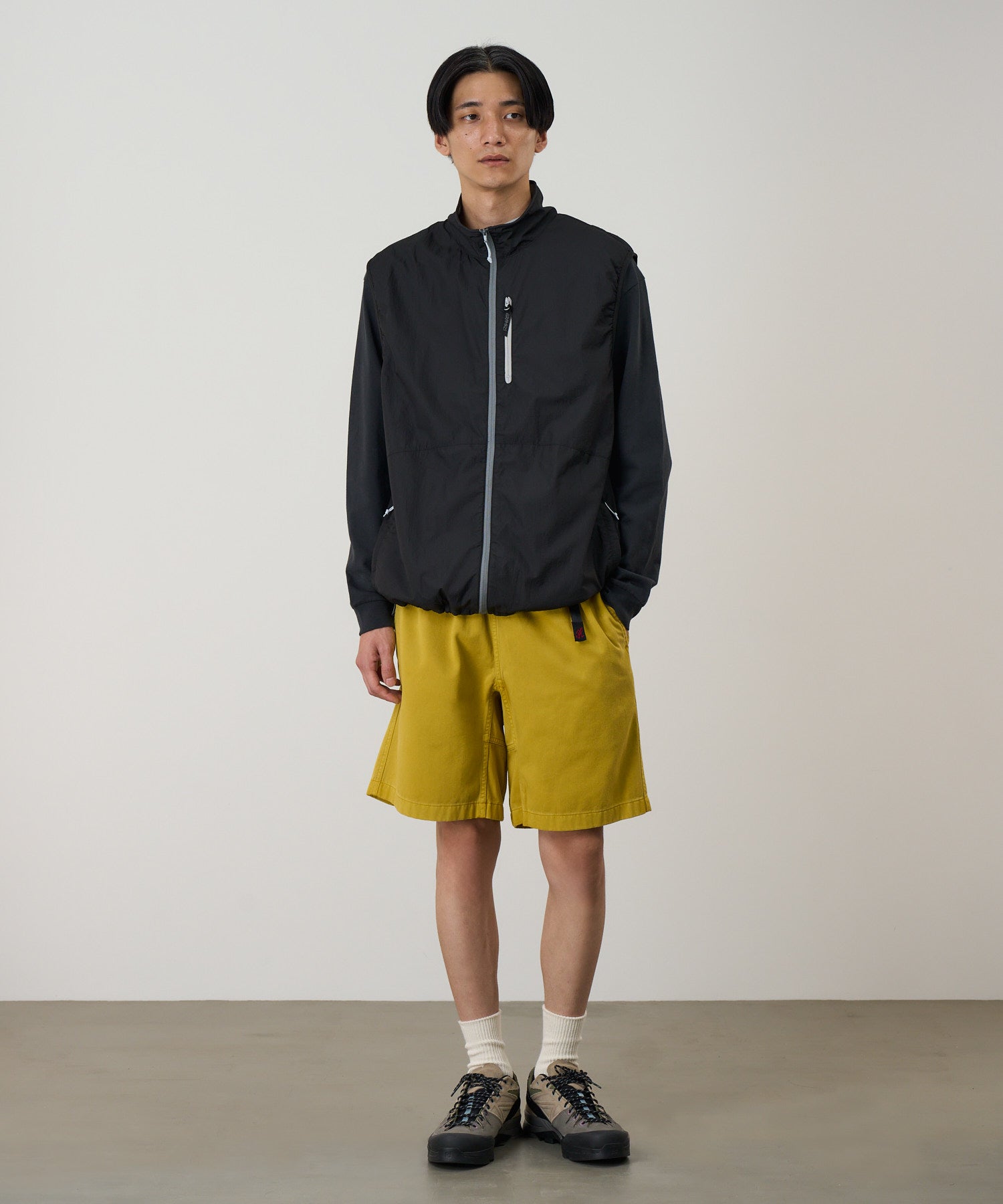 G-Short Mustard Pigment Dye model front view relaxed outdoor shorts