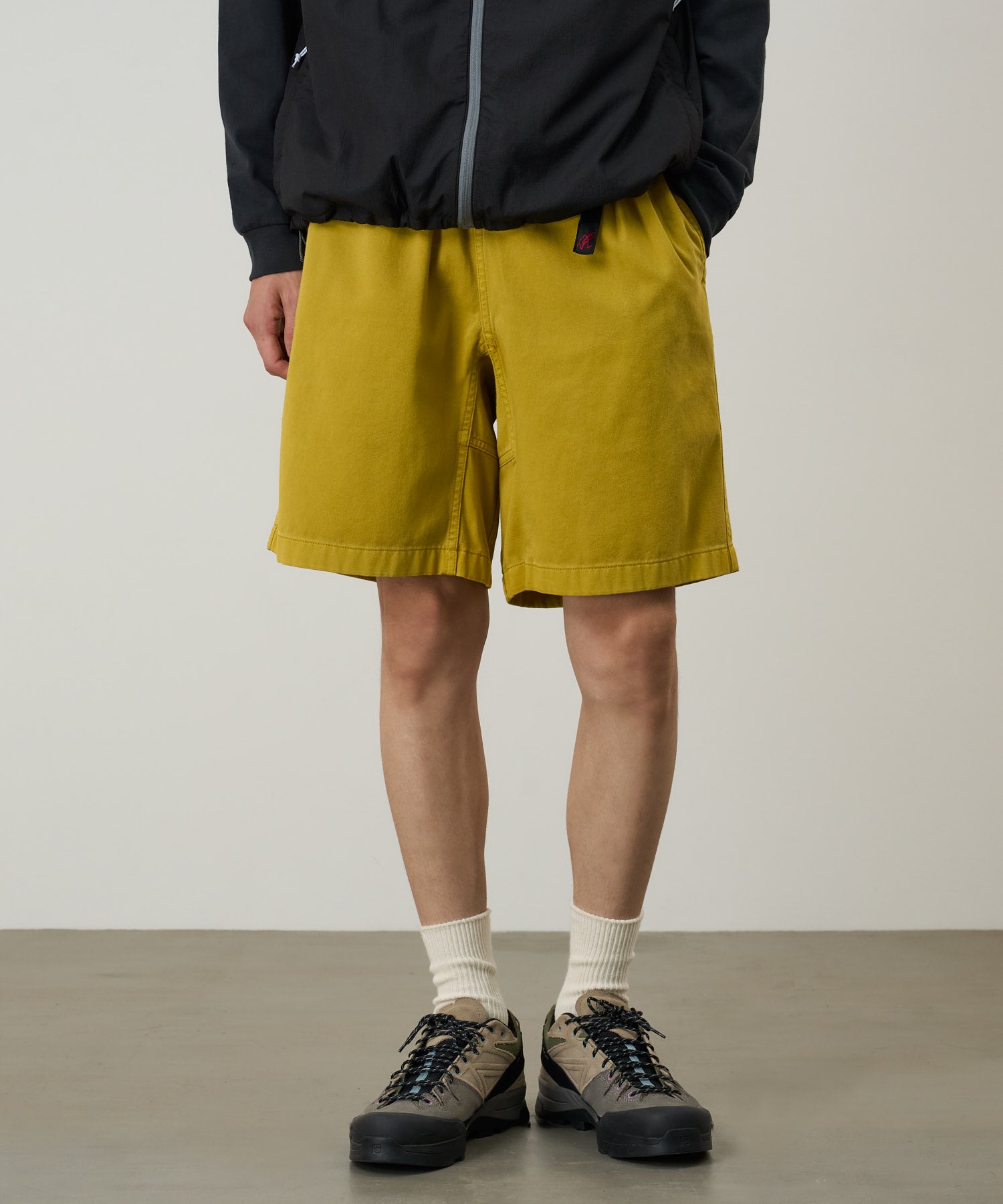 G-Short Mustard Pigment Dye model side view relaxed outdoor shorts