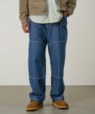 Gramicci workwear pants blue on body fit showing everyday comfort and movement