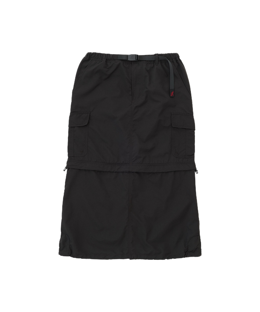 Gramicci Convertible Cargo Skirt Black in eco cotton with utility cargo pockets, adjustable design and versatile everyday comfort.