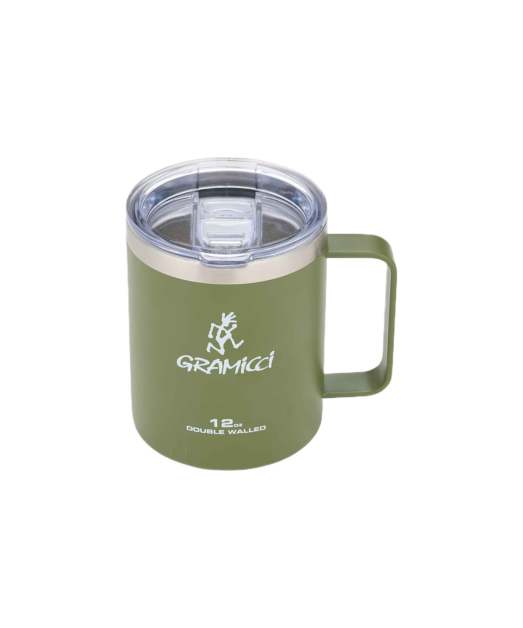 Gramicci double wall stainless steel mug 12oz olive color outdoor camping drinkware front view