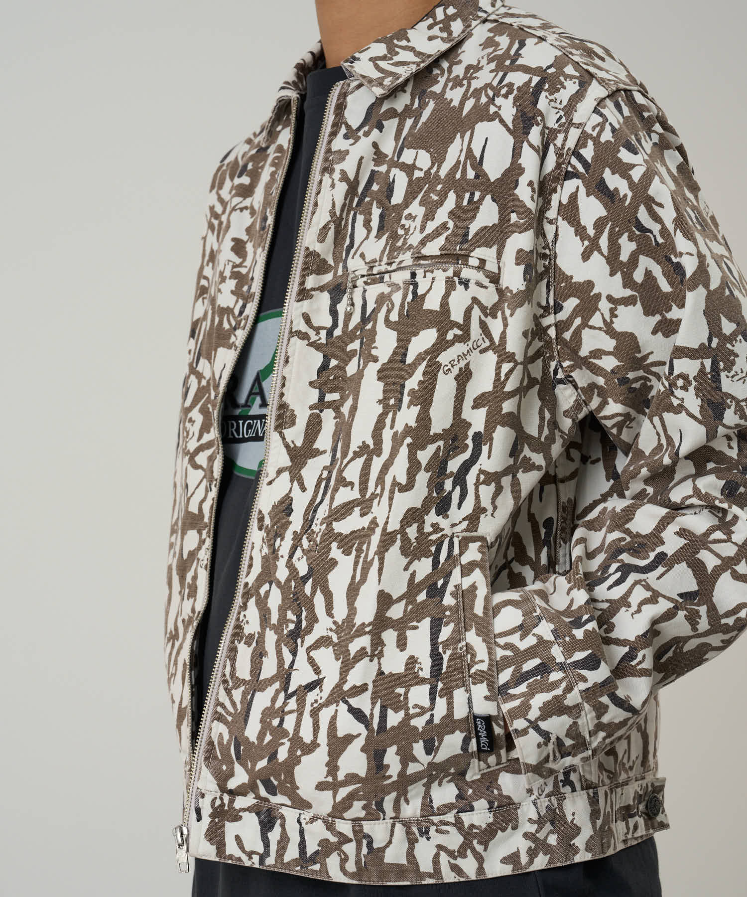 Gramicci Taos canvas jacket grey reed on body fit showing relaxed everyday wear