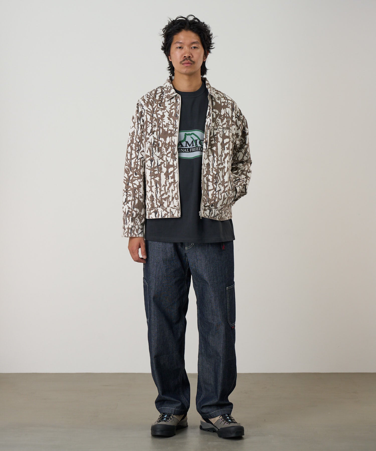 Gramicci grey reed jacket on body fit showing relaxed everyday comfort and movement
