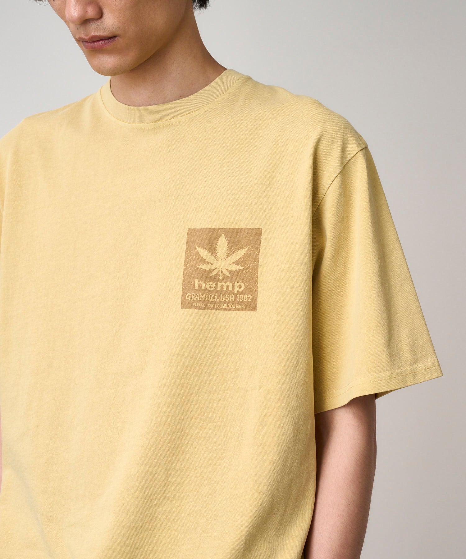 Side View of Gramicci Hemp Tee Mustard Pigment