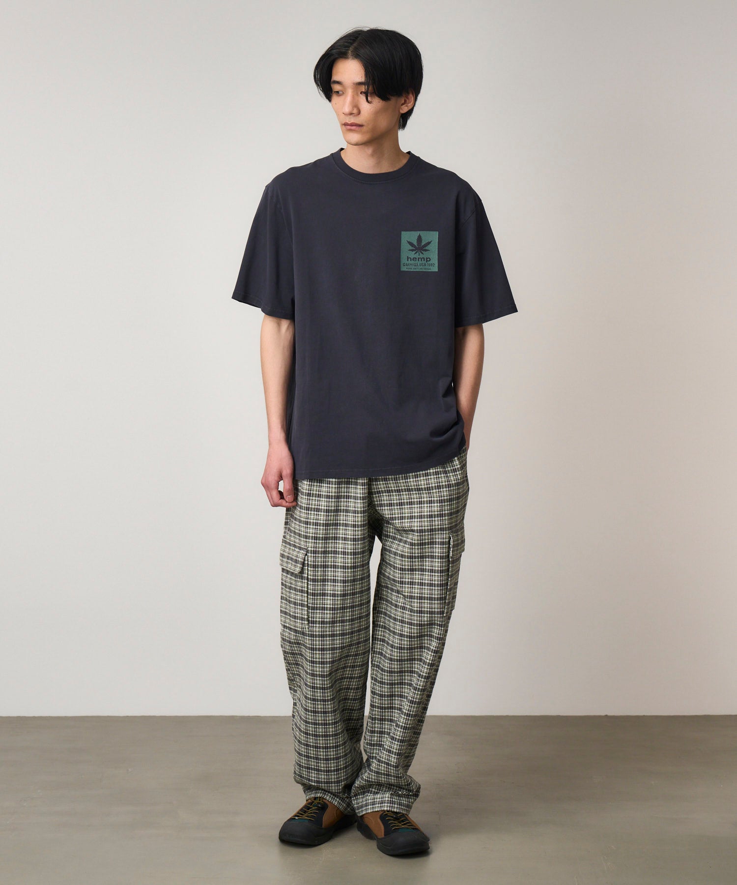Model Wearing Gramicci Hemp Tee Navy Pigment