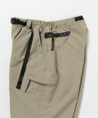 Close-up of Gramicci Nylon Cliff Short Milk Tea featuring the integrated webbing belt and durable recycled nylon construction.