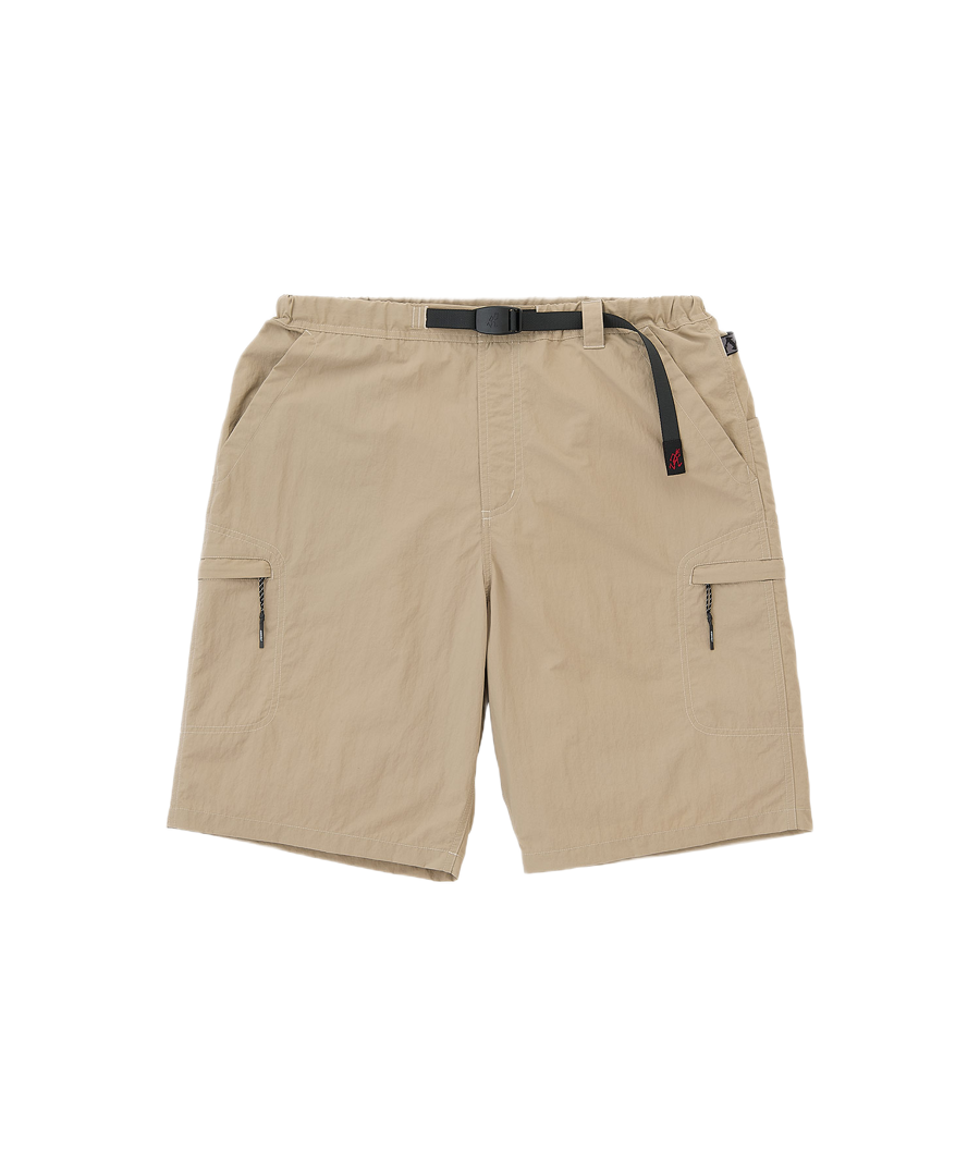 Gramicci Nylon Cliff Short Milk Tea crafted from lightweight recycled nylon with cargo pockets and an adjustable belt for everyday wear and outdoor adventures.