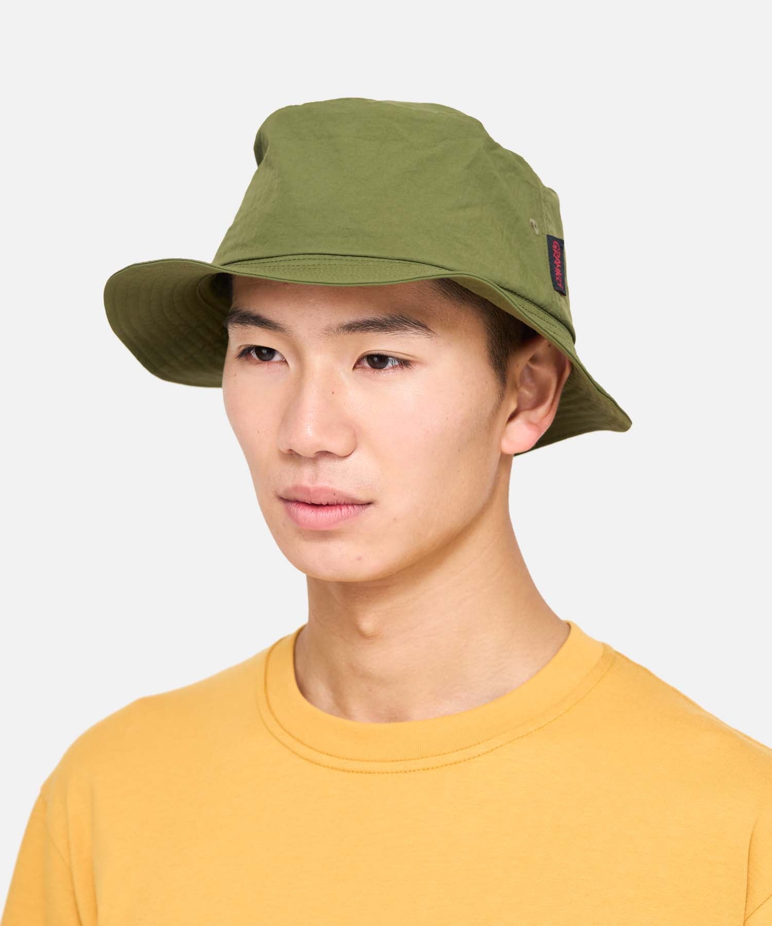 Gramicci Nylon Packable Bucket Hat in Olive made from lightweight recycled nylon