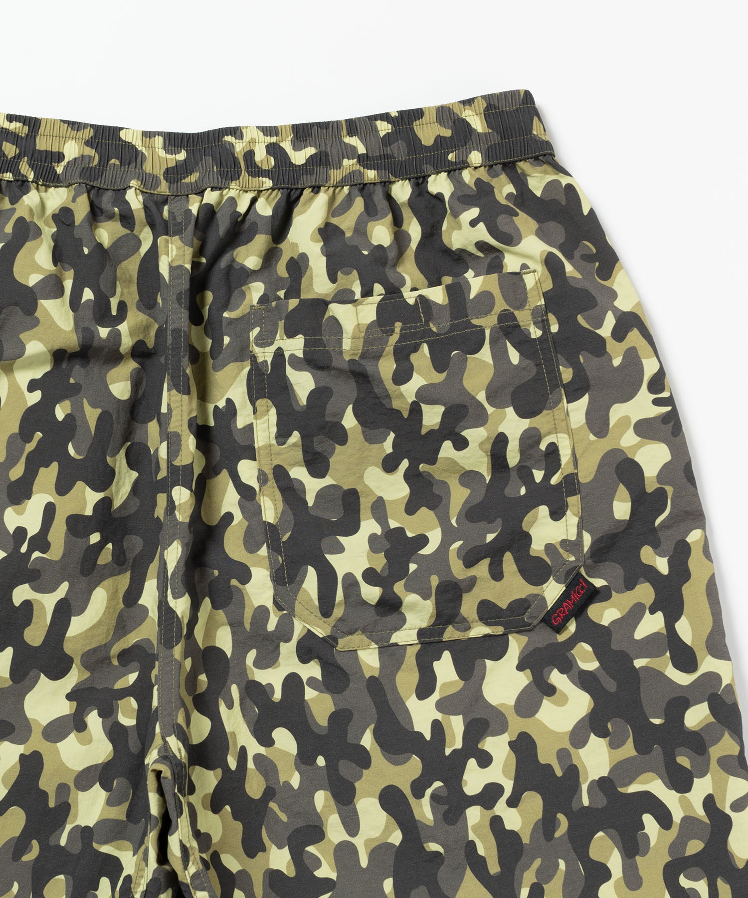 Gramicci Nylon Reef Short Olive Camo pocket detail – secure zip pocket design on quick-dry water-resistant outdoor shorts