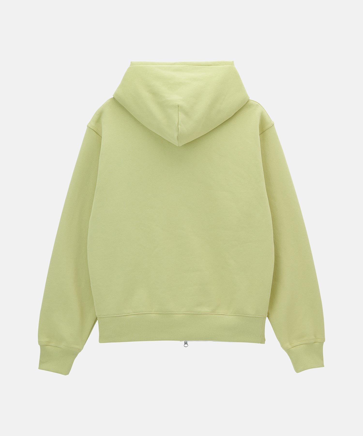 Back view of Gramicci Oval Patch Zip Hooded Sweatshirt Lime crafted from a soft cotton fleece blend for everyday comfort and layering.