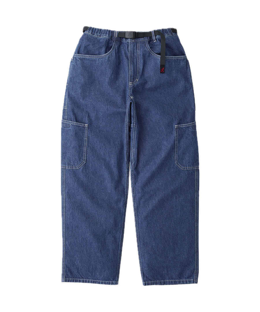 Gramicci Rock Slide Denim Pant Light Wash in 11oz eco cotton denim with cargo pockets, integrated belt and relaxed everyday fit.