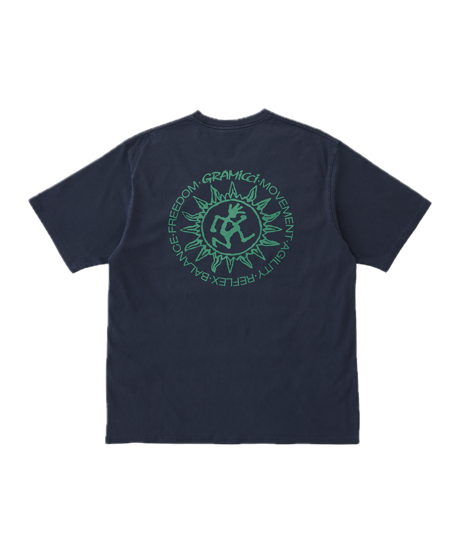 Gramicci Sun Tee in Navy Pigment made from dry-touch eco cotton with front chest graphic