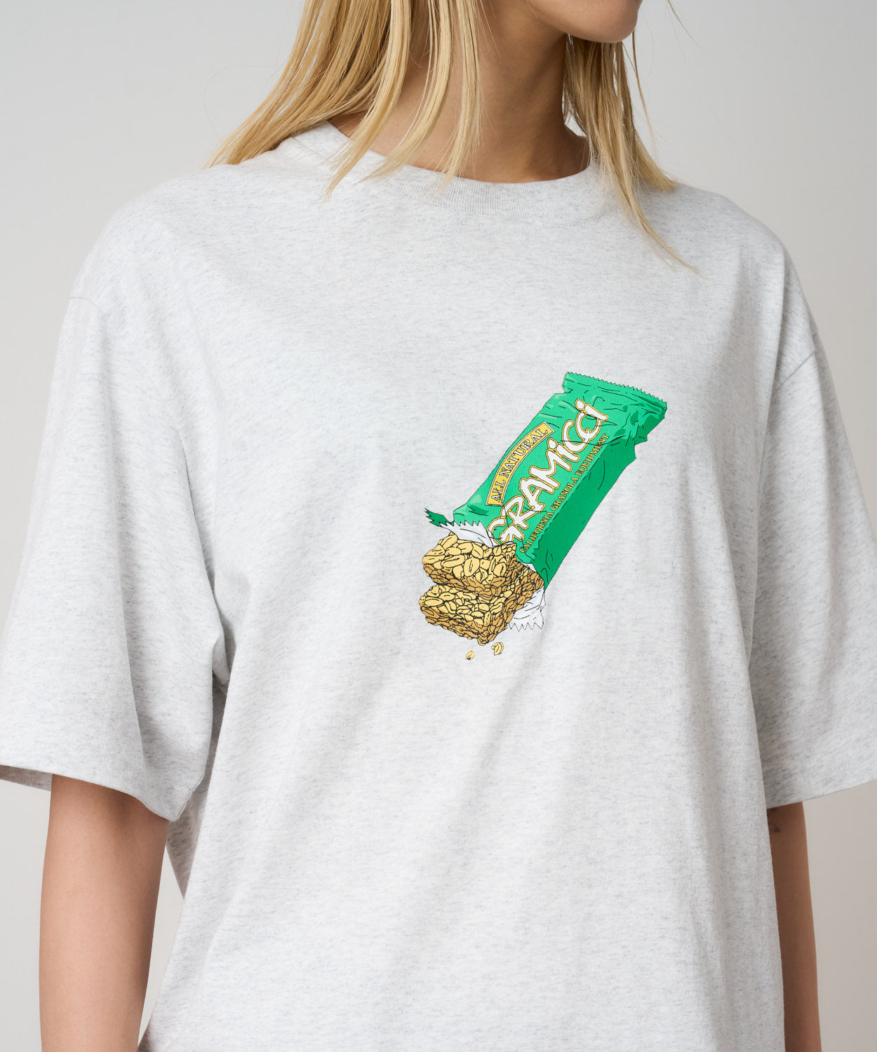 Granola Tee Heather Ash eco cotton graphic t-shirt close up chest graphic detail relaxed fit