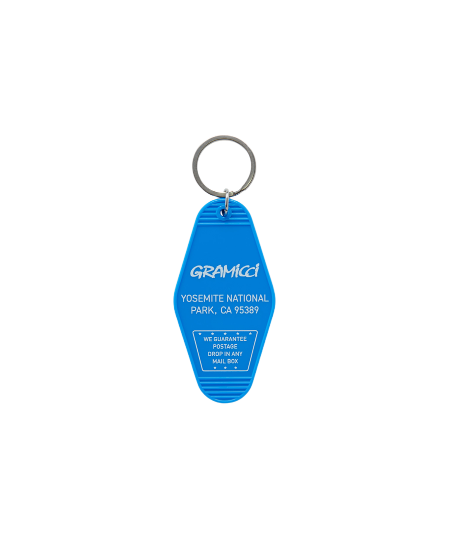 Hotel Keychain Blue vintage motel key tag detail close-up