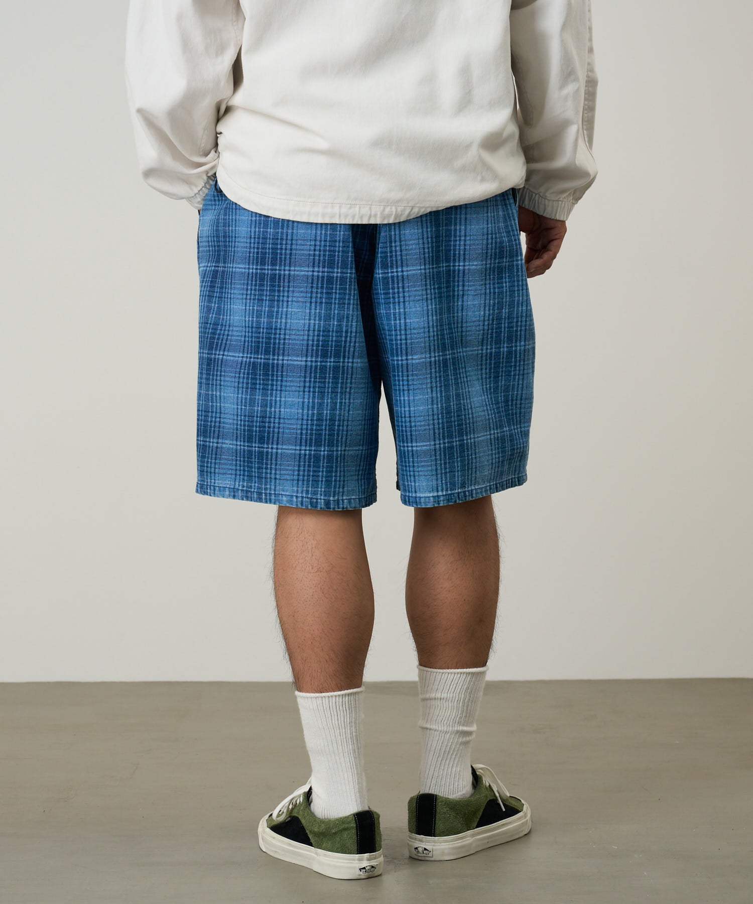 Lagoon Indigo plaid shorts model detail view relaxed fit summer shorts