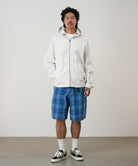 Lagoon Indigo plaid shorts model front view relaxed fit summer shorts