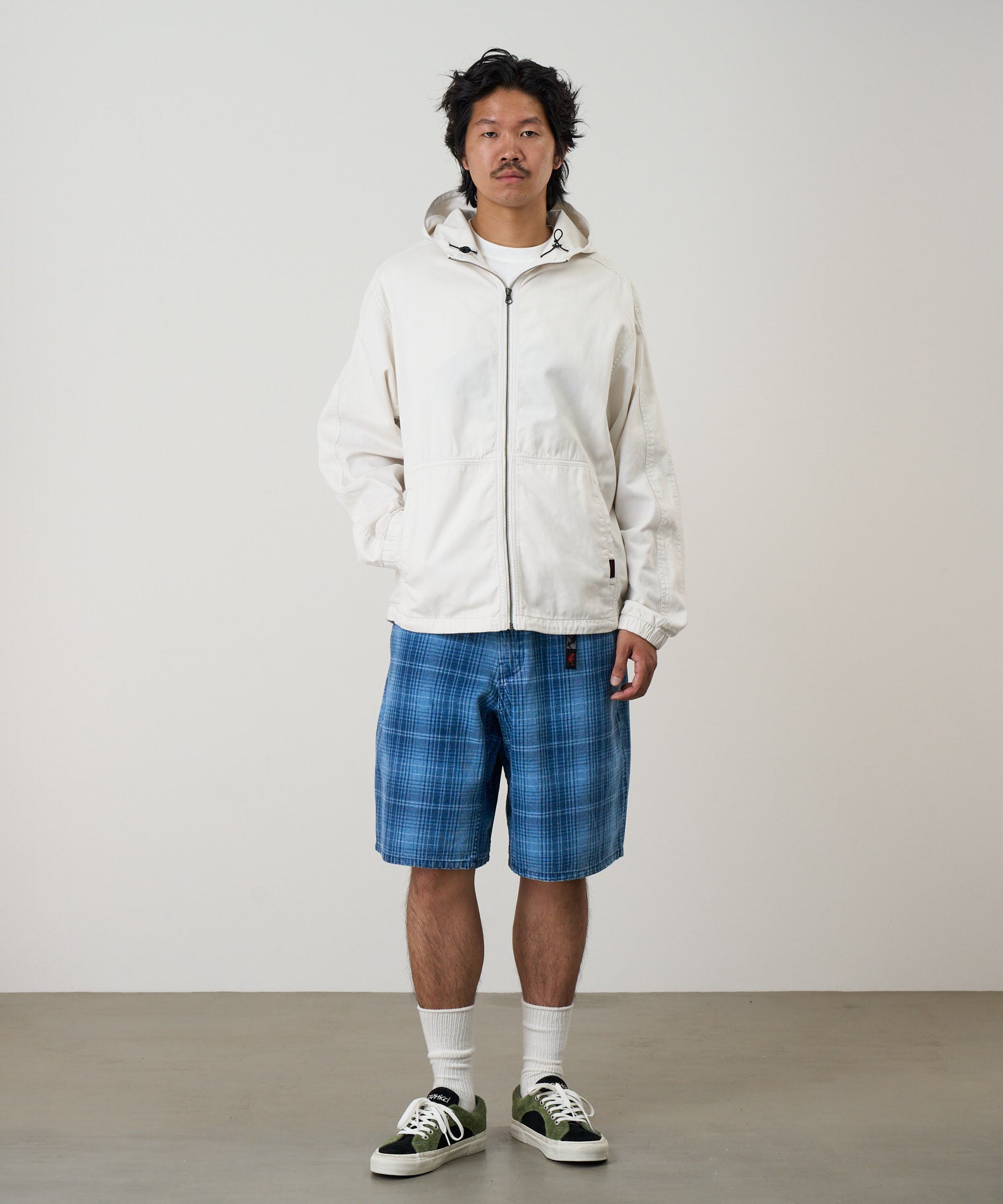 Lagoon Indigo plaid shorts model front view relaxed fit summer shorts