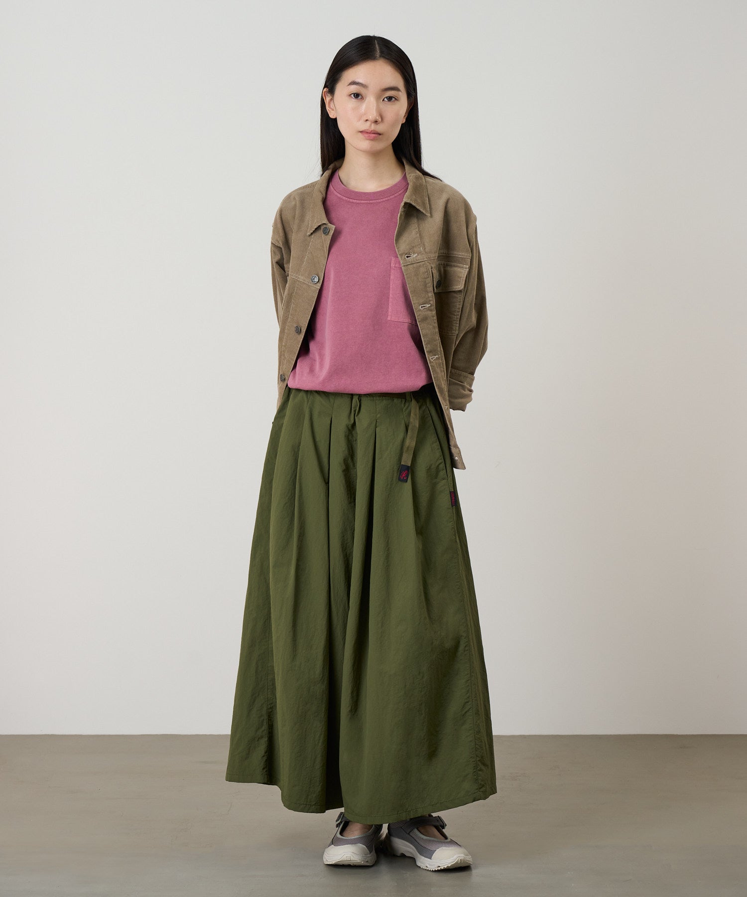 Nylon Flare Pant Olive model front view flared nylon pants