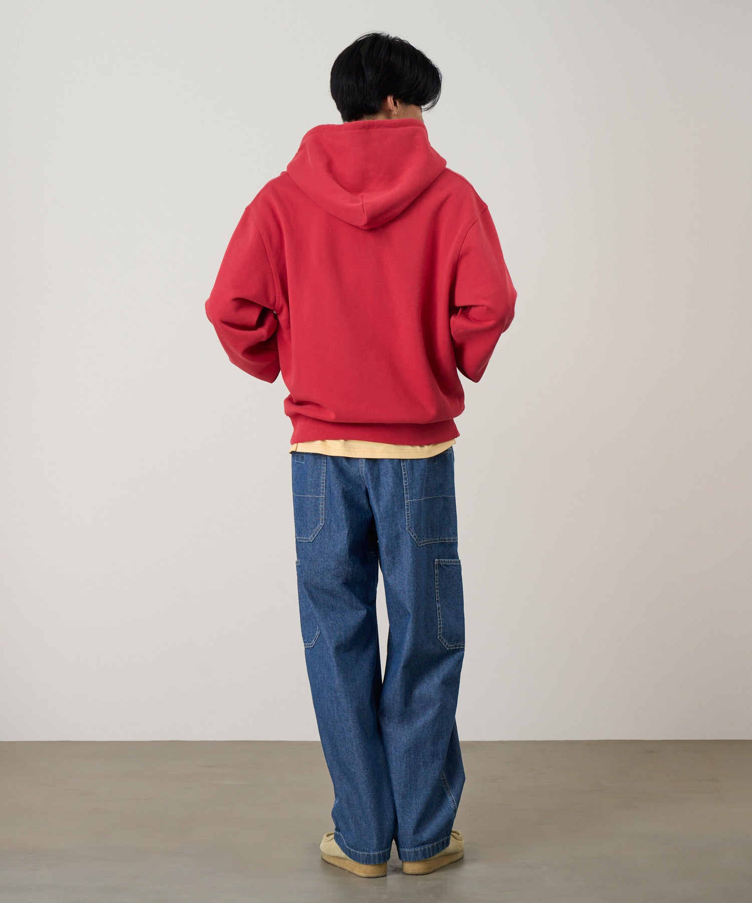 One Point Zip Hoodie Crimson Red model back view fleece zip hoodie