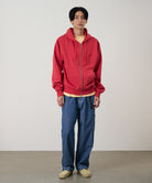 One Point Zip Hoodie Crimson Red model front view fleece zip hoodie