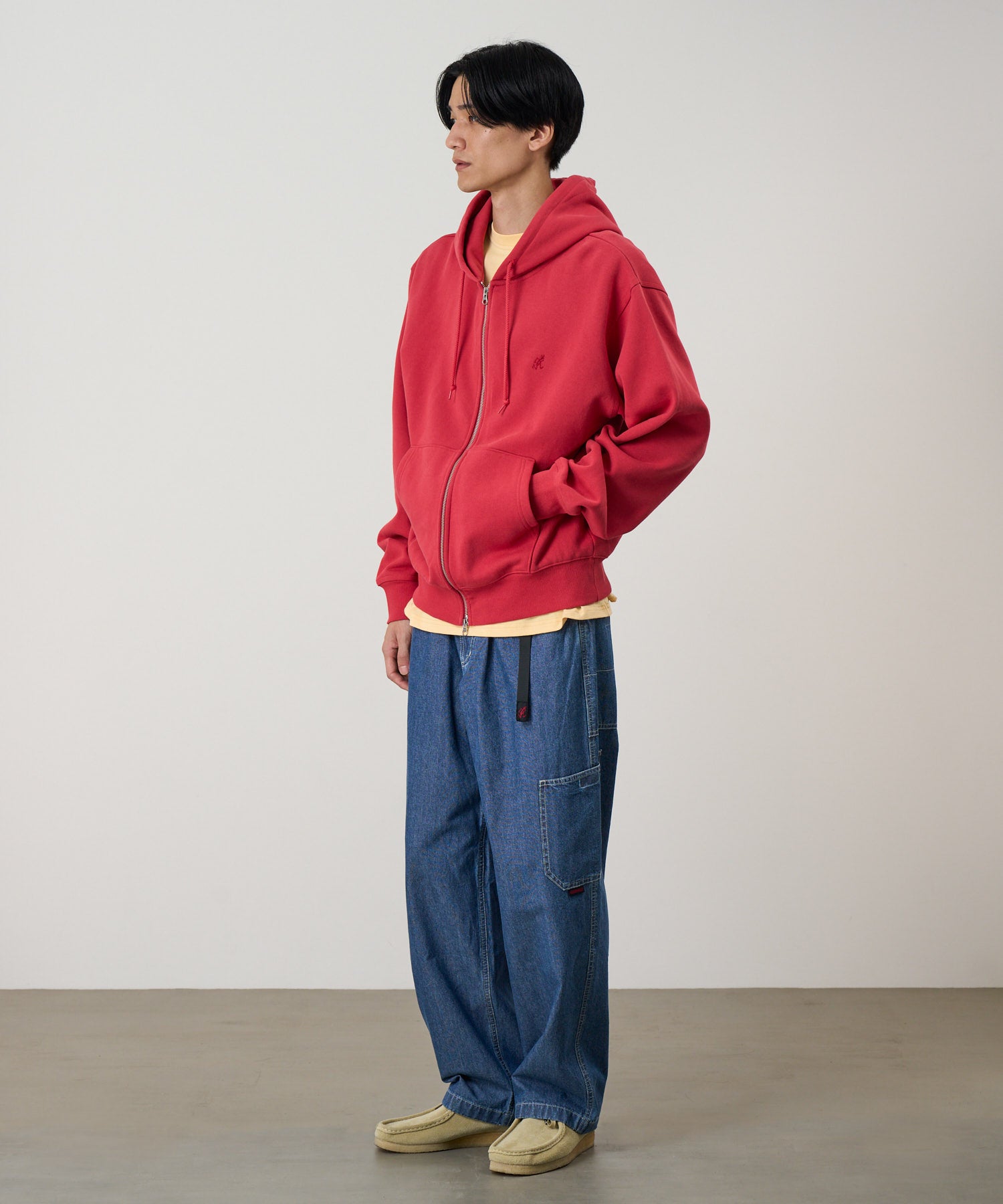 One Point Zip Hoodie Crimson Red model side view fleece zip hoodie
