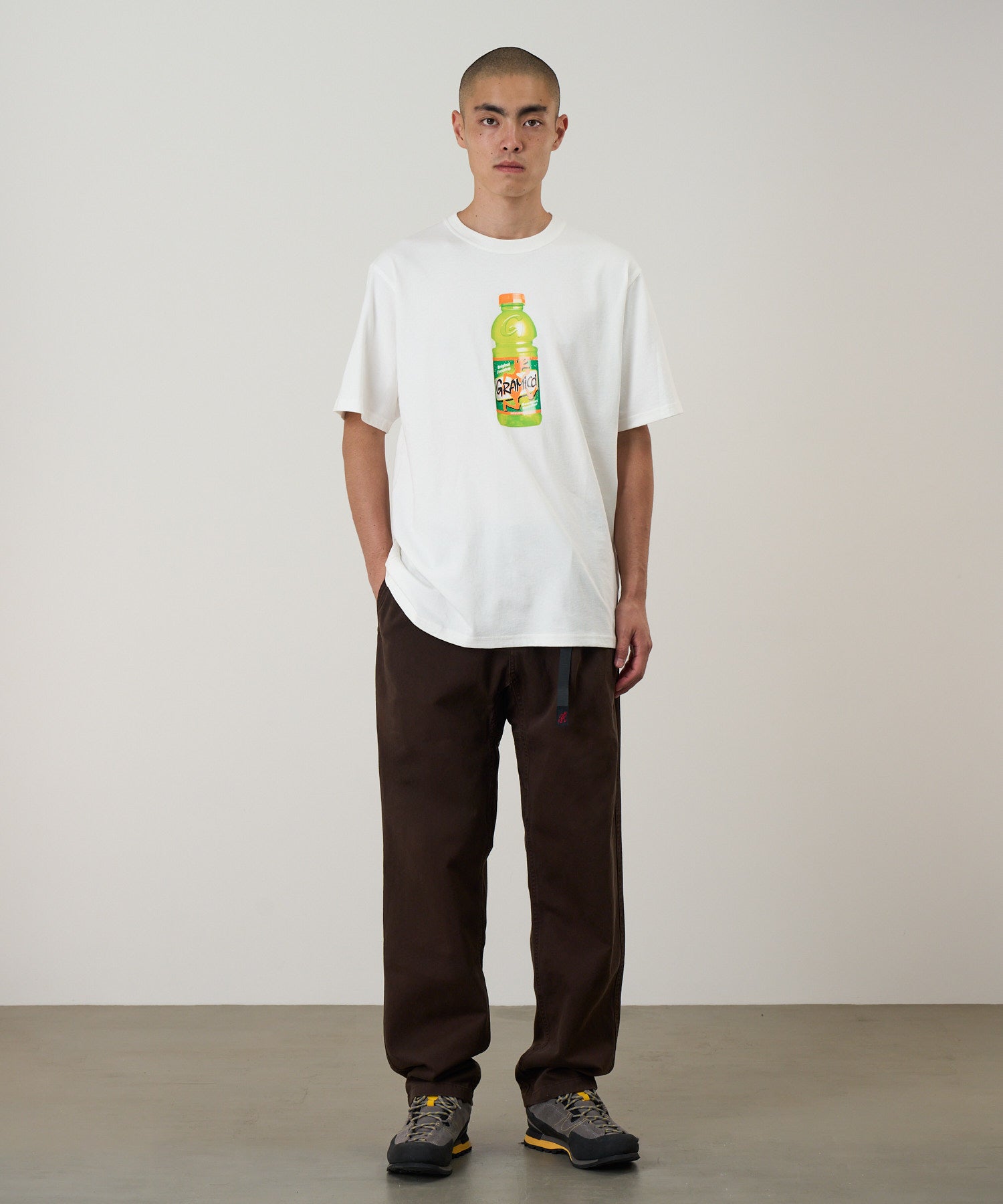 Quencher Tee White – close-up detail of chest graphic print and soft eco cotton fabric texture, highlighting premium dry-touch material Gramicci
