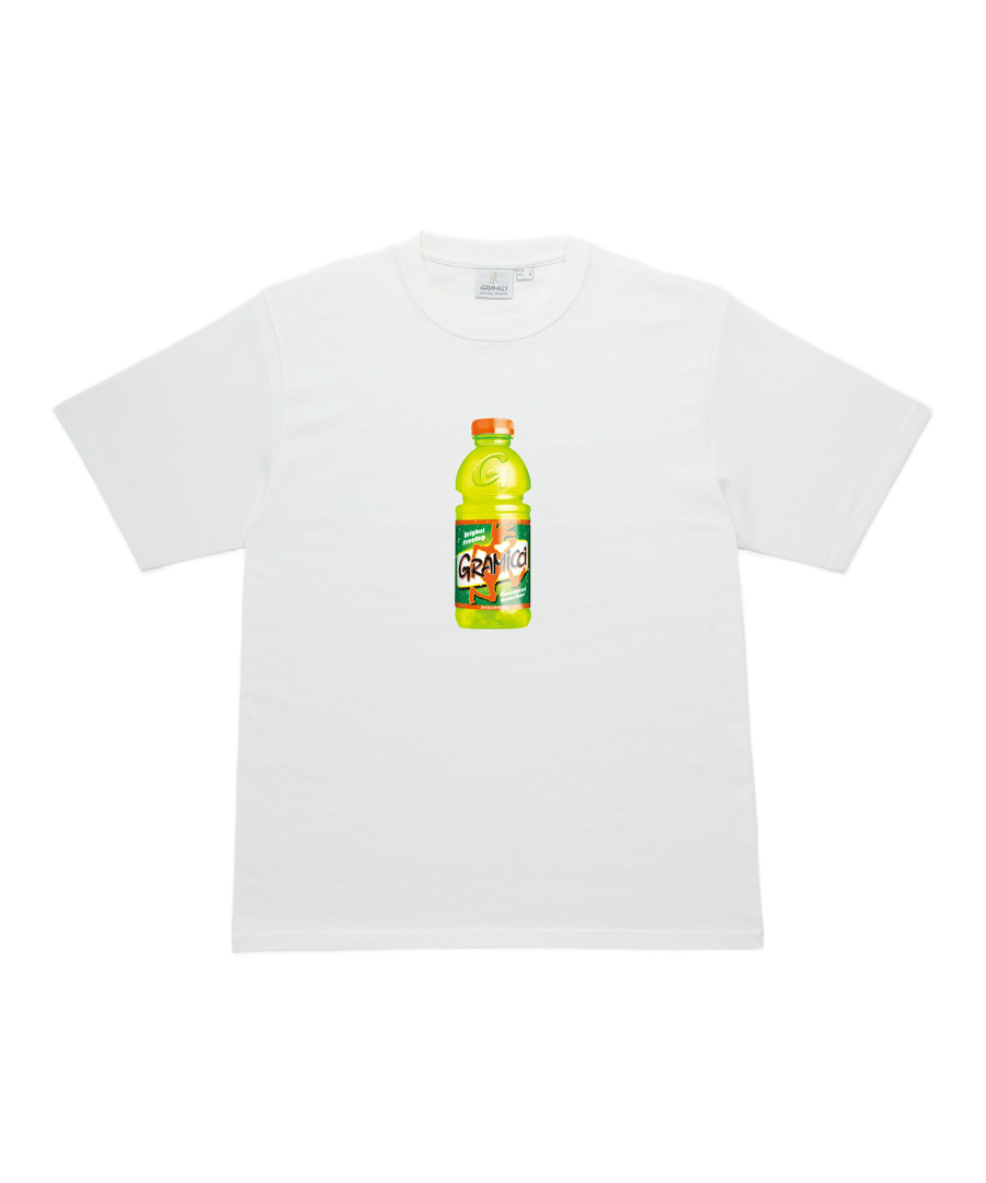 Quencher Tee White – mid-weight eco cotton graphic t-shirt with chest print, clean front view showing relaxed everyday fit by Gramicci